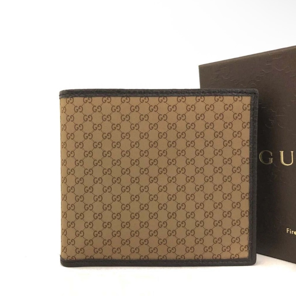 GUCCI GG Logo Nylon Leather Bifold Wallet Beige